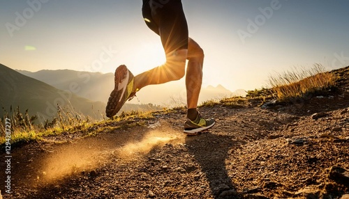 dynamic low angle shot of runner s legs mid stride on rugged mountain trail wearing high tech running gear morning sunlight casting dramatic shadows dust particles floating in golden light
