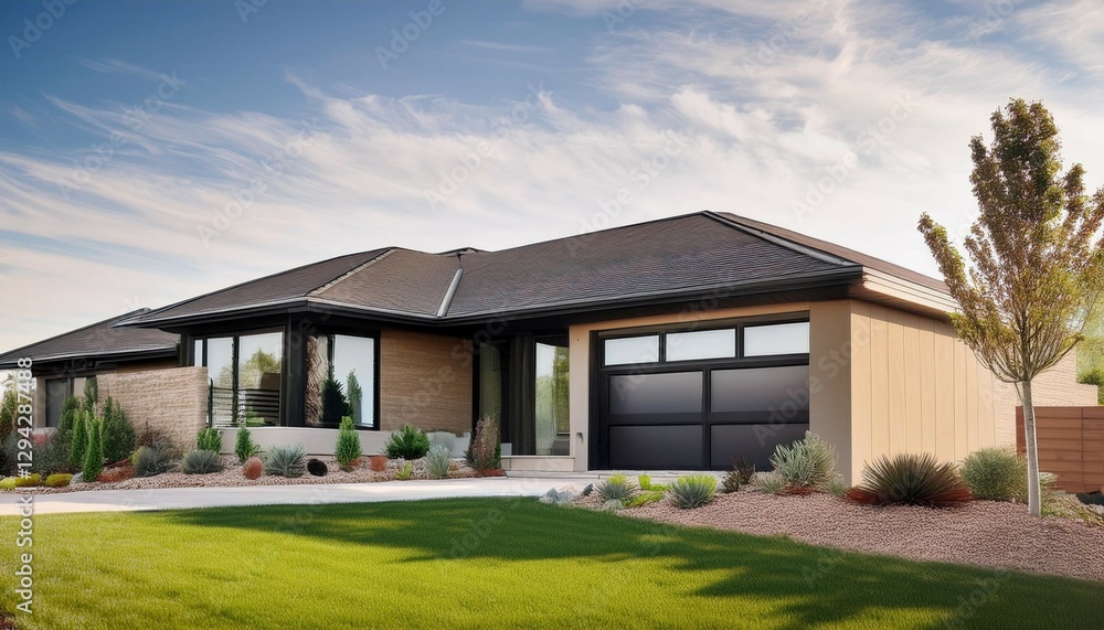 contemporary suburban home with a bold architectural design featuring sharp angles a flat roof and a front yard with an eco friendly xeriscape contemporary suburban home with a bold architectural design featuring sharp angles a flat roof and a front yard with an eco friendly xeriscape