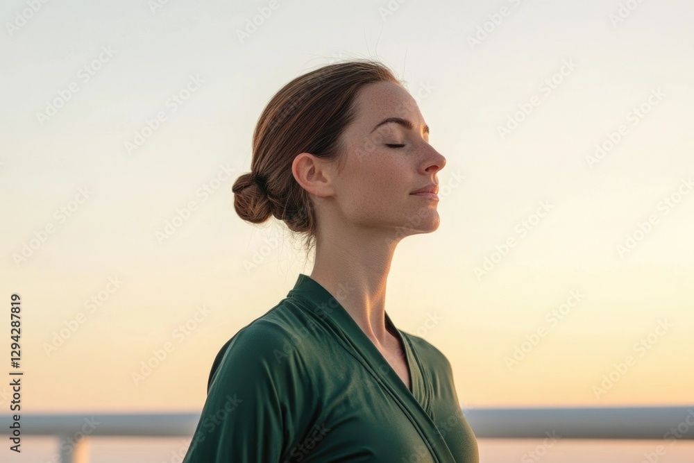 Woman in green robe meditates peacefully at sunset, finding inner calm and serenity. Woman in green robe meditates peacefully at sunset, finding inner calm and serenity.