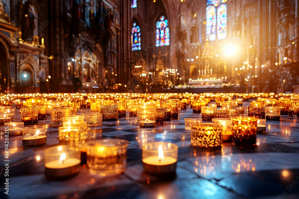 Cathedral Candles Lit, Gothic Interior, Prayer Cathedral Candles Lit, Gothic Interior, Prayer