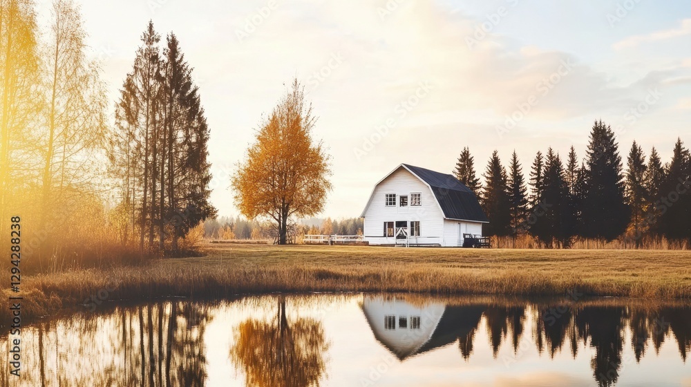 Fototapeta premium Serene Lakeside Farmhouse: A picturesque farmhouse by a tranquil lake reflecting the surrounding trees and the warmth of a setting sun. Capturing the essence of rural life.