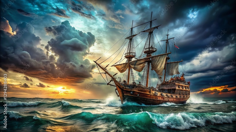 Fototapeta premium Pirate Ship Adventure: Editable Text Effect Stock Photo with Copy Space