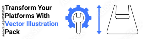 Gear with wrench inside, vertical arrows, and bag outline. Represents customization, scalability, tools, innovation, upgrades creativity and digital processes. Ideal for technology software