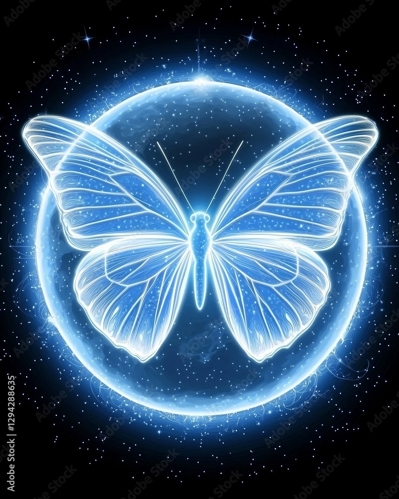 Mystical celestial moon aura. A glowing blue butterfly is centered within a luminous circular halo against a starry background, symbolizing transformation and beauty. Mystical celestial moon aura. A glowing blue butterfly is centered within a luminous circular halo against a starry background, symbolizing transformation and beauty.