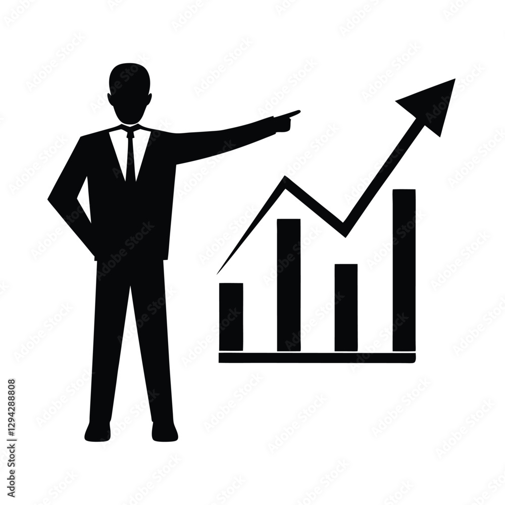 Dynamic seasoned businessman silhouette energetically points towards an impressive significant growth chart milestone Dynamic seasoned businessman silhouette energetically points towards an impressive significant growth chart milestone