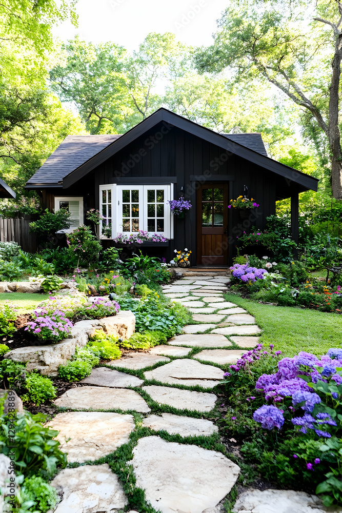 Naklejka premium Charming black cottage garden path, lush landscaping