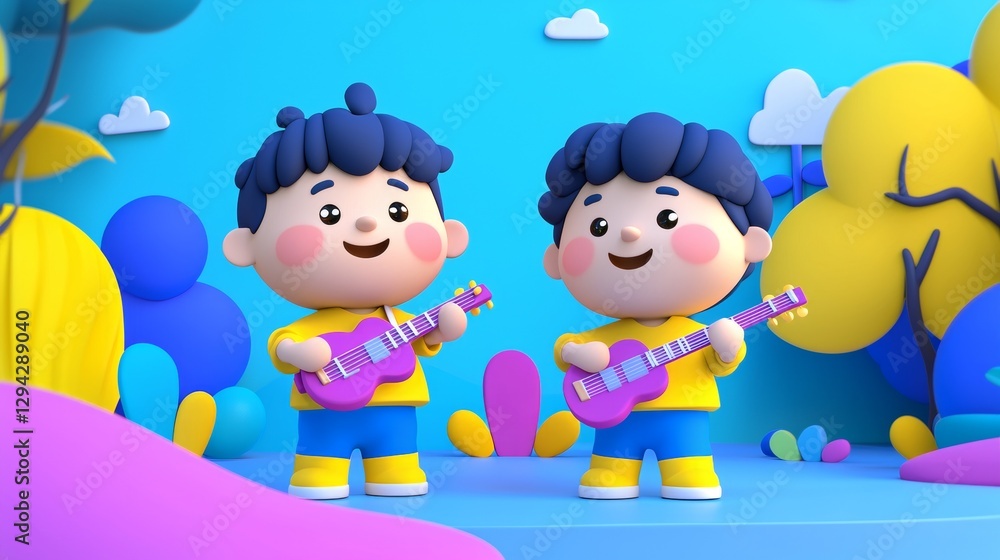Naklejka premium Middle Eastern siblings performing a casual jam session in a park Linear minimalistic illustration.