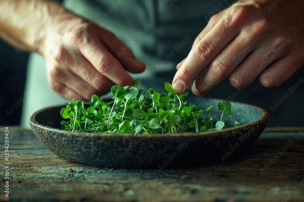 Fresh green microgreens in a rustic bowl, hands gently arranging the vibrant sprouts. Fresh green microgreens in a rustic bowl, hands gently arranging the vibrant sprouts.