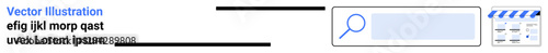 Text snippet in blue followed by black lines, a search bar with magnifying glass icon and a calendar with specific dates. Ideal for search functionality, online planning, digital navigation, user