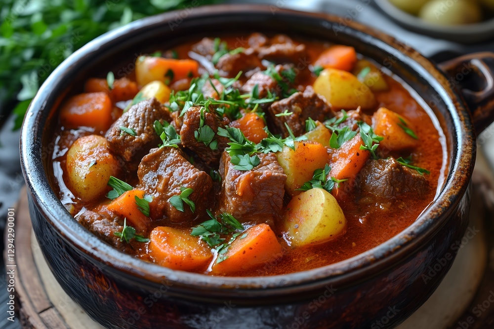 A close-up of a bowl of traditional hungarian goulash A close-up of a bowl of traditional hungarian goulash