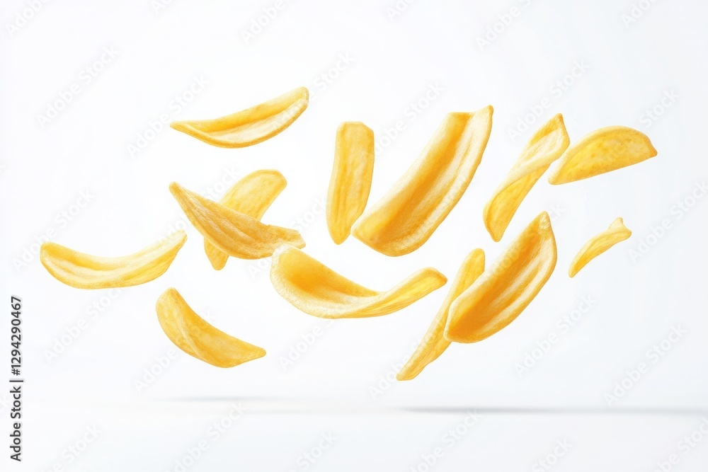 Flying delicious potato fries isolated on white background Flying delicious potato fries isolated on white background