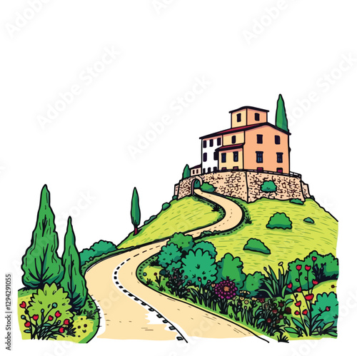 Italian landscape set, vector hand drawn doodle Tuscany nature view, old winery countryside print. Vintage European architecture graphic, cypress hill travel label. Italian landscape sketch collection