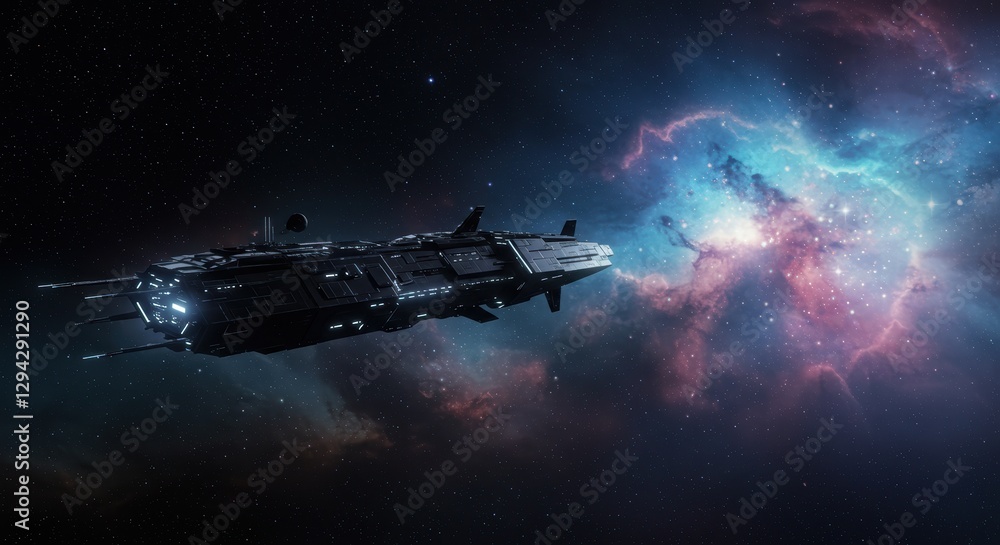 Naklejka premium Futuristic spaceship exploring colorful nebula in deep space