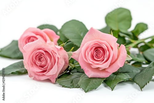 Set of beautiful pink roses with lush green leaves isolated on white background