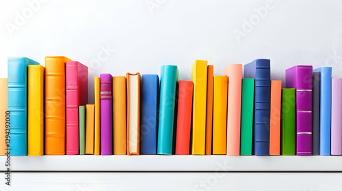 Colorful books arranged on a white shelf against a white wall