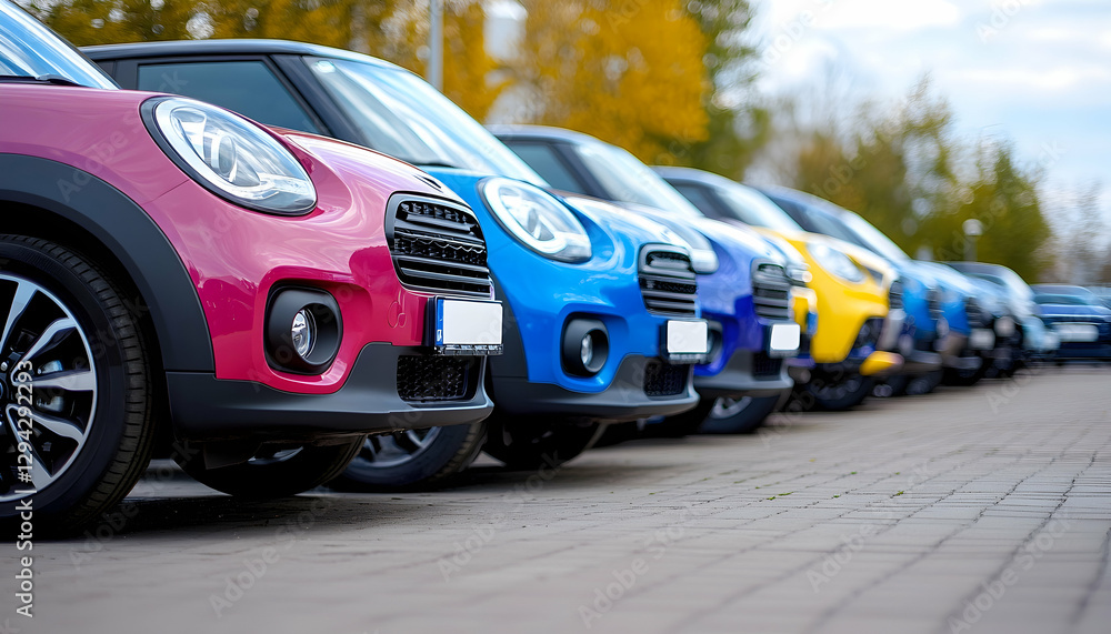 Colorful cars parked at dealership lot in autumn Colorful cars parked at dealership lot in autumn