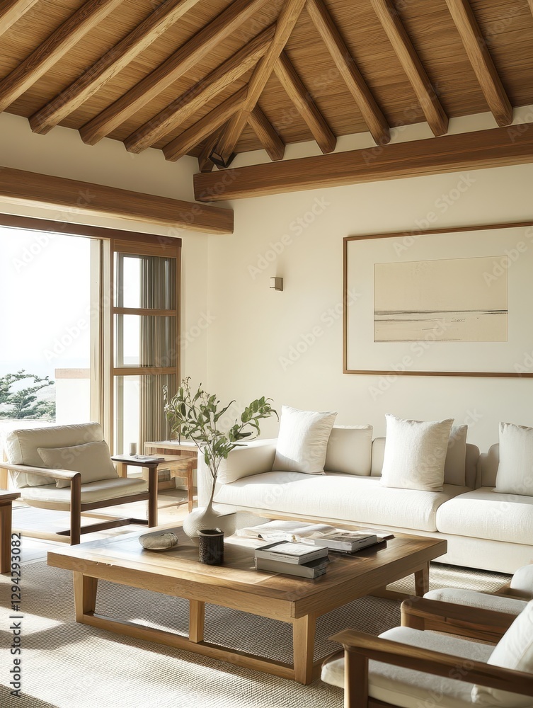 Obraz premium Cozy living room with exposed wood ceiling and furniture