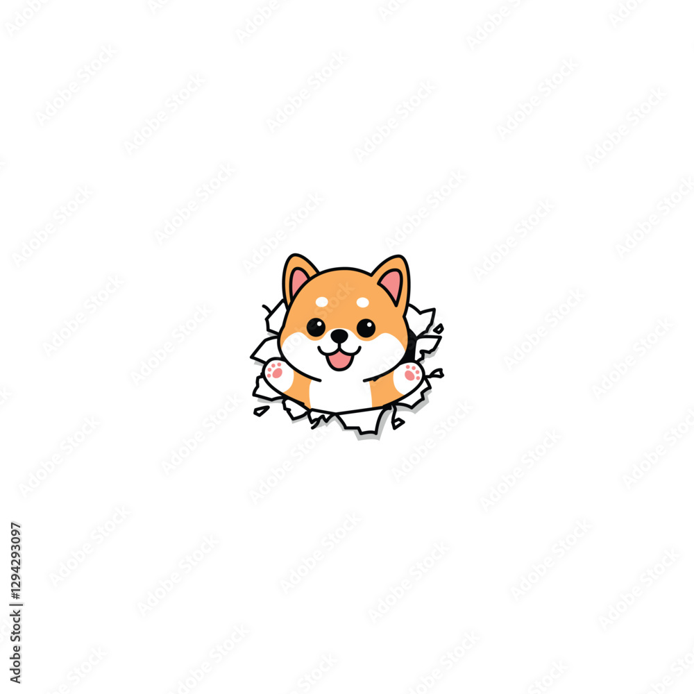 Cute shiba inu puppy break through the paper cartoon, vector illustration Cute shiba inu puppy break through the paper cartoon, vector illustration