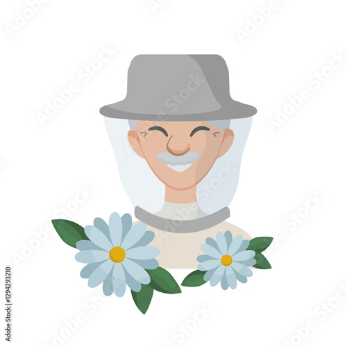 Smiling beekeeper with flowers illustration