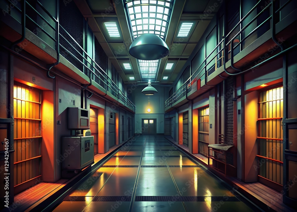 Fototapeta premium Prison Surveillance: Three Intersecting Corridors Viewed from Central Control
