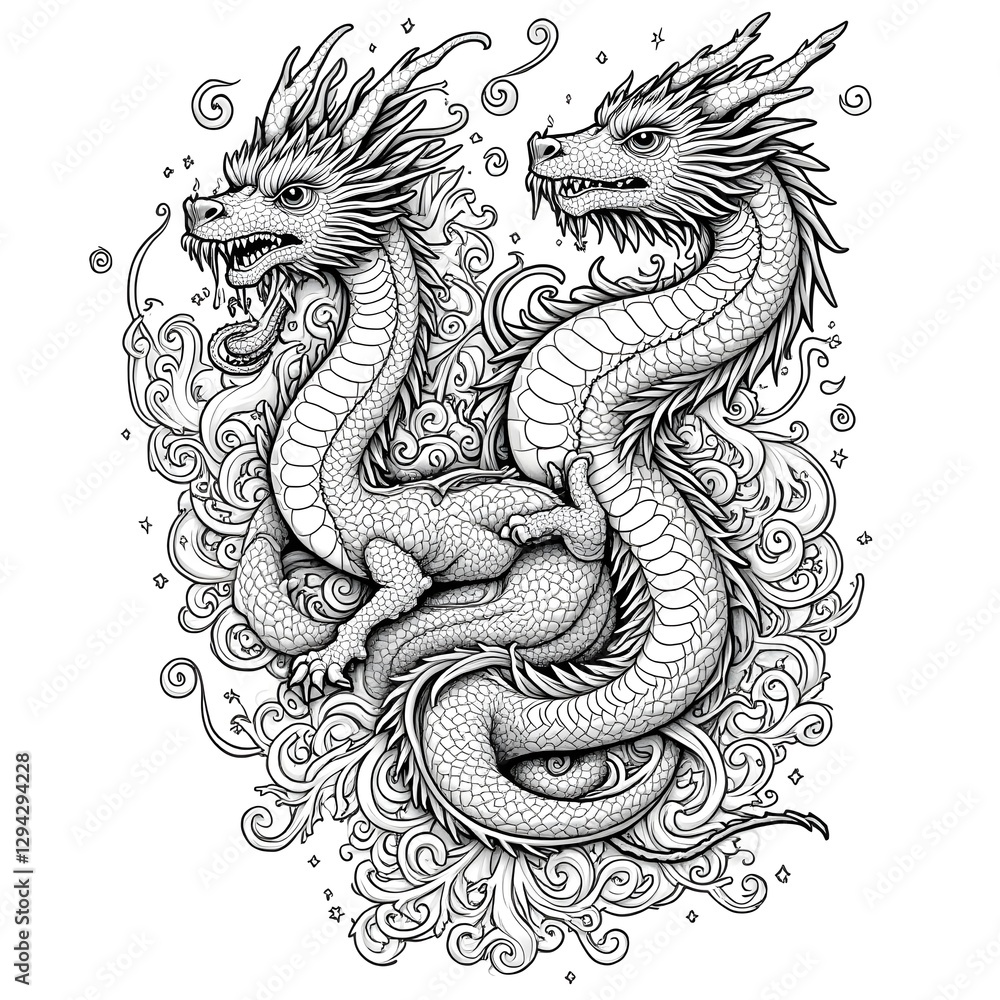 Obraz premium Dragon Duo Coloring Page