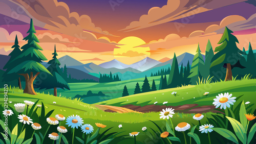 A panoramic view of a spring landscape with green grass and wild daisies in a meadow on a hill at sunset.a landscape background with a sunset over green hills and a forest at a summer evening.