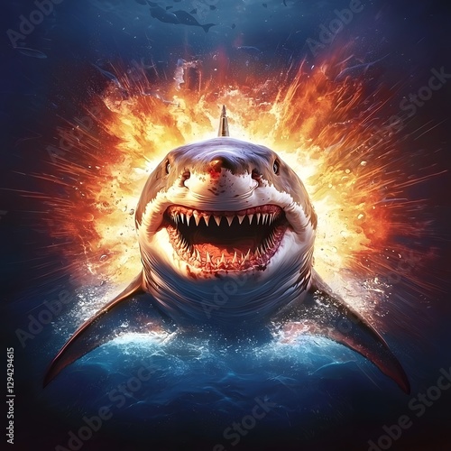 Dramatic chiaroscuro depicting a fearsome great white shark emerging from the dark depths of the ocean with its powerful jaws open razor sharp teeth bared
