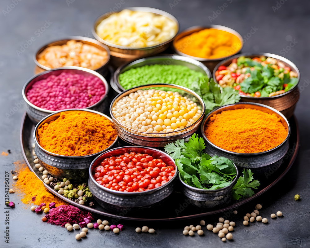 Colorful Spices and Herbs on Dark Tray Colorful Spices and Herbs on Dark Tray