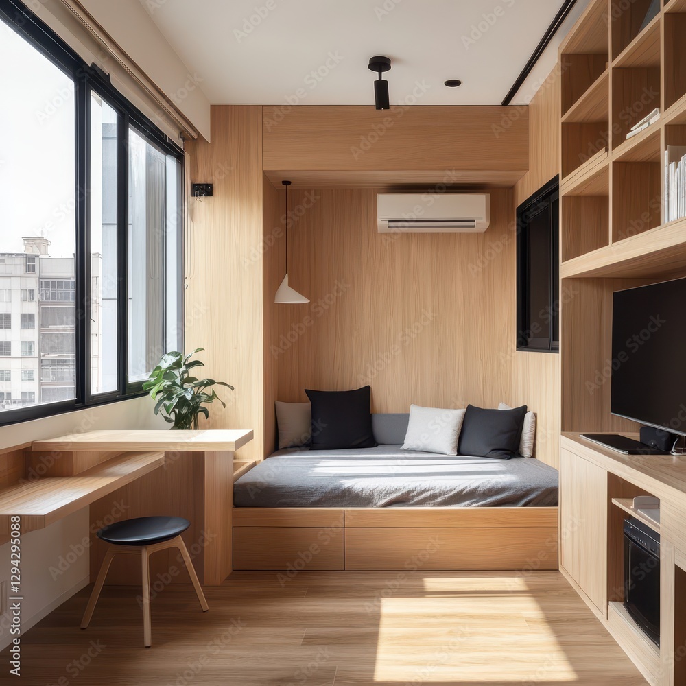 Fototapeta premium A Modern Interior Design Featuring Wooden Decor and Fixtures