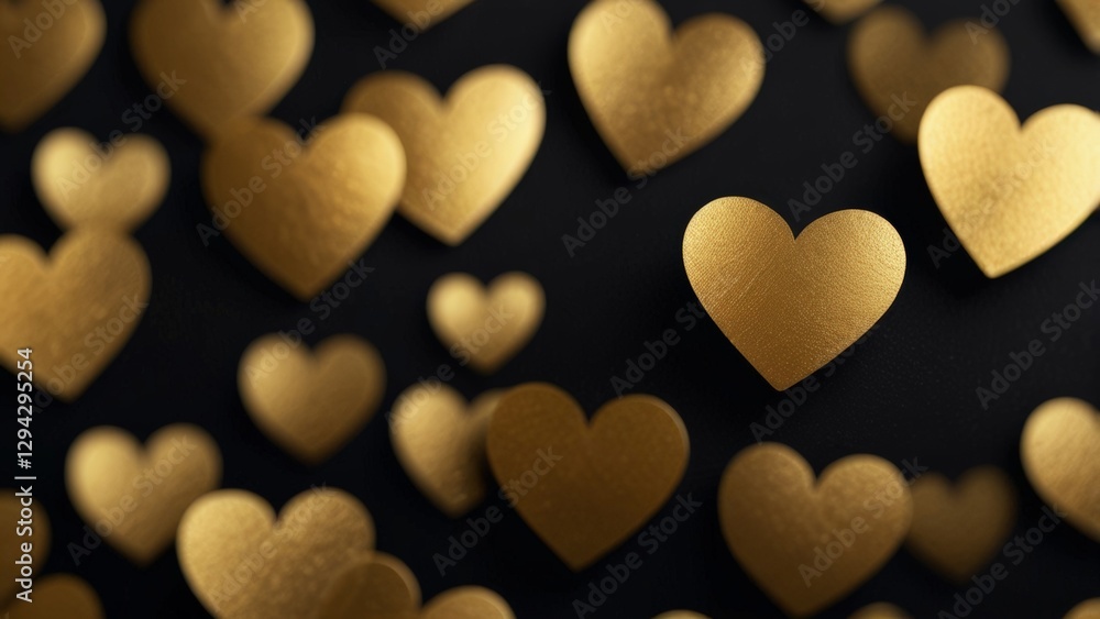 Luxurious minimalist design with golden hearts on black matte background Luxurious minimalist design with golden hearts on black matte background