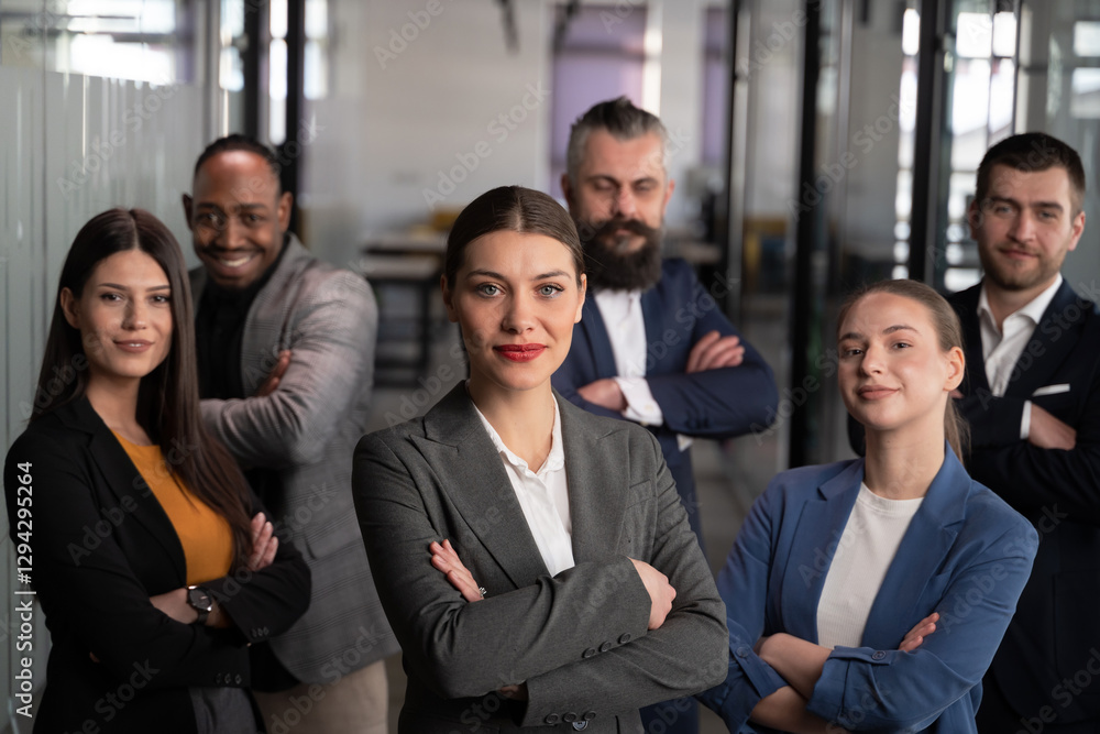 Confident business team standing with crossed arms in modern office, looking at camera. Concept of leadership, teamwork, corporate success, diversity, and professional collaboration Confident business team standing with crossed arms in modern office, looking at camera. Concept of leadership, teamwork, corporate success, diversity, and professional collaboration