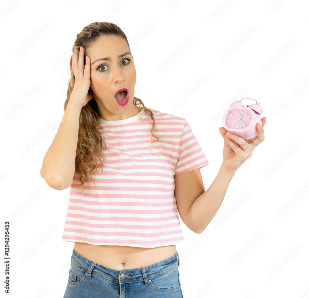 Young amazed woman wearing striped t-shirt holding an alarm clock standing isolated over transparent background. PNG transparent Young amazed woman wearing striped t-shirt holding an alarm clock standing isolated over transparent background. PNG transparent