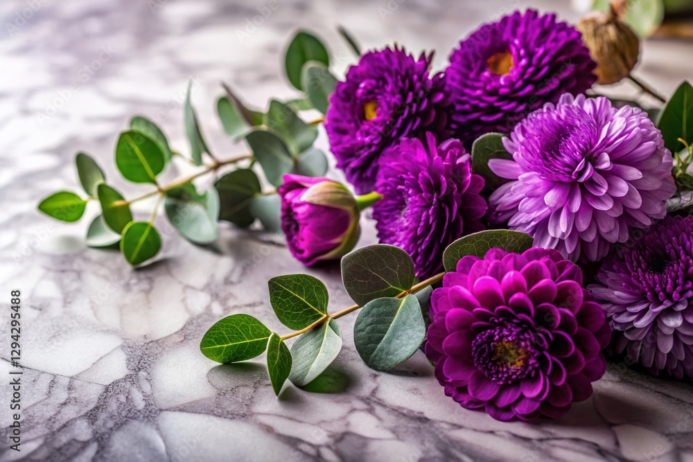 Fototapeta premium Purple Flowers & Eucalyptus Leaves on Marble - Low Light Still Life Photography