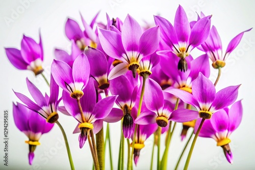 Purple Shooting Star Flowers, Dodecatheon Meadia, White Background Studio Shot photo