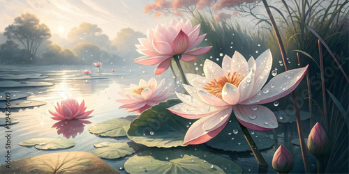 Pink and white lotus flowers are blooming brightly in the pond, basking in the morning sunlight, with dewdrops, looking refreshing.