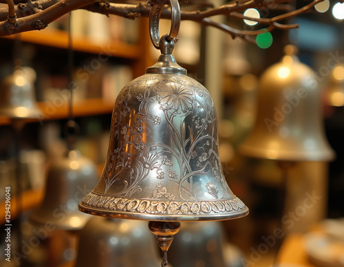 Etched silver bell ornament featuring intricate Art Nouveau floral motifs, displayed in a vintage department store setting with timeless elegance. photo