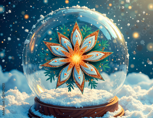 Quilled paper star ornament with metallic ink edges, suspended in a swirling snow globe vortex, creating a mesmerizing winter scene. photo