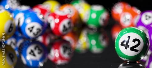 Multicolored bingo balls in focus amidst a blur of vibrant movement on reflective surface