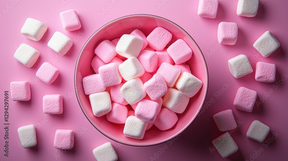 Pink bowl of marshmallows on pink surface Pink bowl of marshmallows on pink surface
