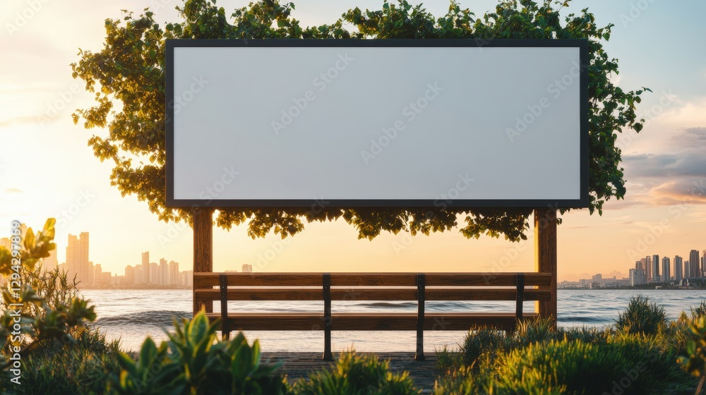 Fototapeta premium Large white billboard on a beach with gentle waves and clear sky in the background