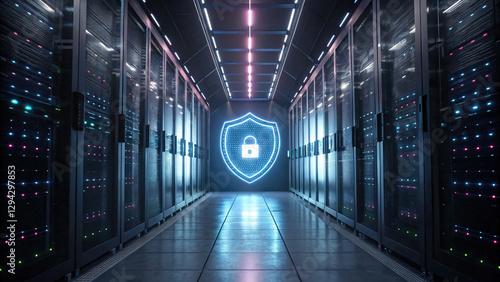 Cloud Computing concept, Futuristic data vault with encryption shield in server room