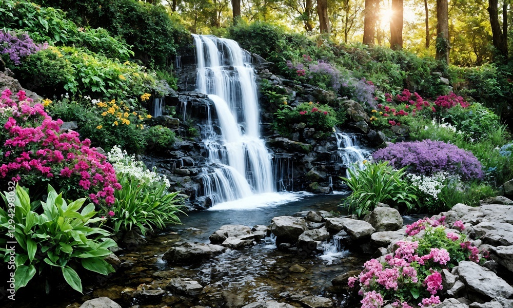 Magical Sunrise Over a Cascading Waterfall and Reflective Pool in a Lush Garden – Peaceful Outdoor Paradise Magical Sunrise Over a Cascading Waterfall and Reflective Pool in a Lush Garden – Peaceful Outdoor Paradise