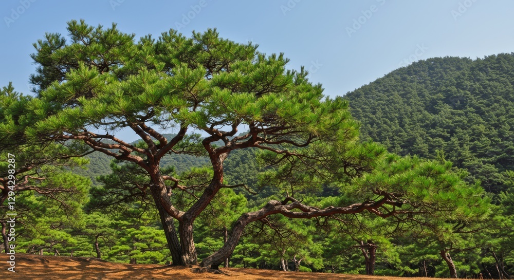 Fototapeta premium Serene landscape with majestic pine trees and green hills under clear blue sky