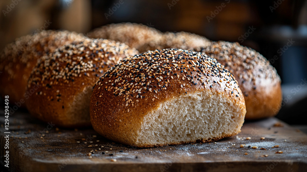 Artisan baked bread with sesame and flax seeds delicious crusty loaf food life meal wheat brown still Artisan baked bread with sesame and flax seeds delicious crusty loaf food life meal wheat brown still