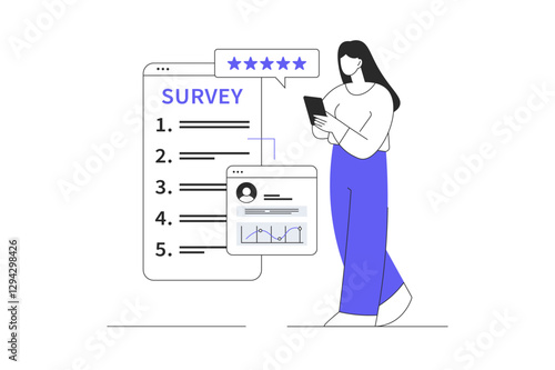 Online survey concept. Feedback service. Woman Character give feedback, choose answers, make decisions and research. Flat Cartoon Vector Illustration, icon. Stylish abstract Flat design for website