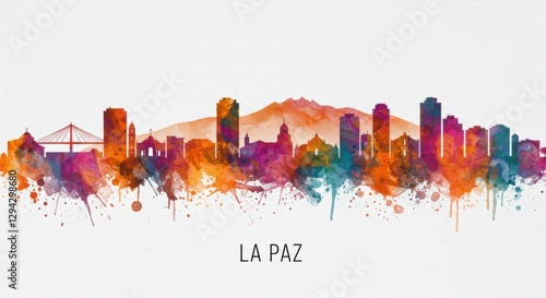 Vibrant watercolor skyline of la paz with dynamic cityscape silhouettes