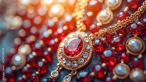 Gold necklace with red gems, close-up, many beads, sunlight