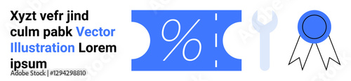 Blue coupon with percentage sign, wrench, and award badge suggesting discounts, tools, and recognition. Ideal for sales, promotions, achievements services repairs tools awards. Abstract line flat