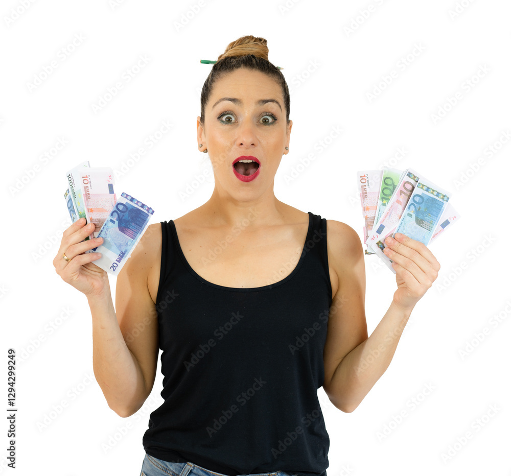 Surprised young woman holding bake notes standing isolated over transparent background. PNG transparent Surprised young woman holding bake notes standing isolated over transparent background. PNG transparent