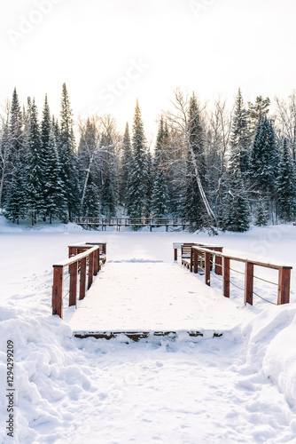 Bridge by the lake covered with snow